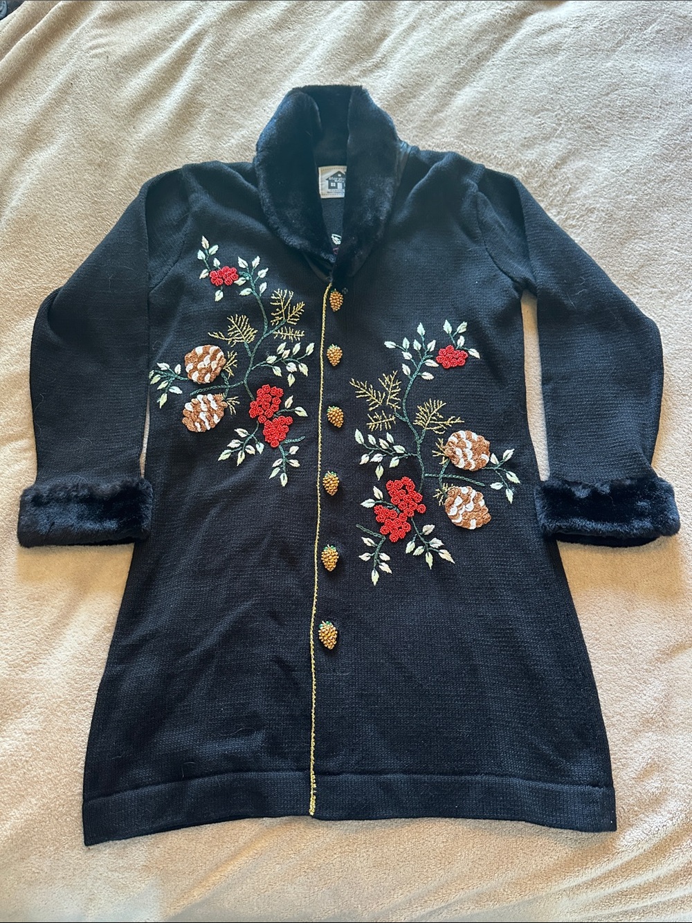 Storybook Knits Black Embroidered Faux Fur-Trim Christmas Holiday Cardigan